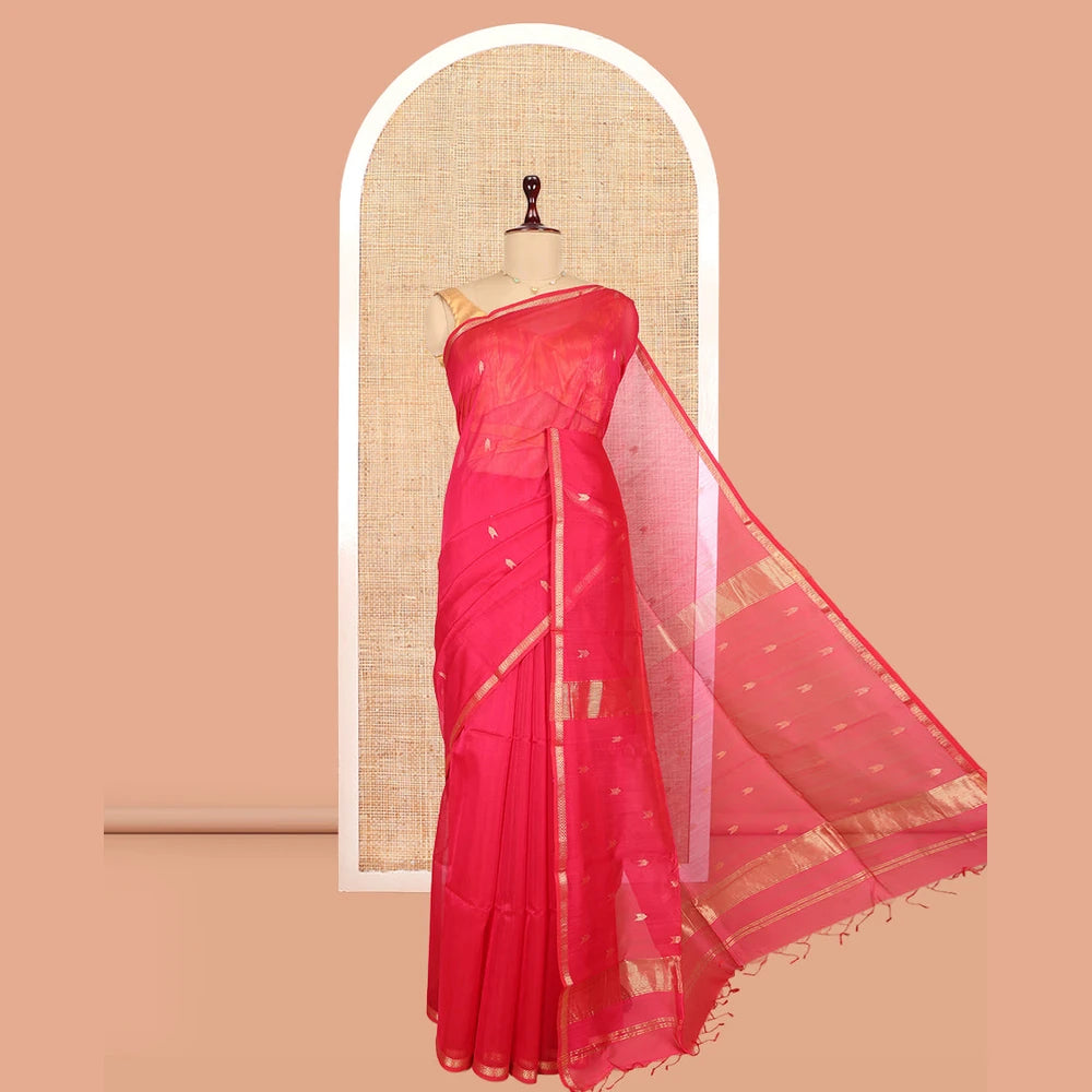 Pothys Red Maheshwari Cotton Saree, Detailed with Zari Buttas, a Zari Border, Zari Buttas Pallu, and a Matching Blouse